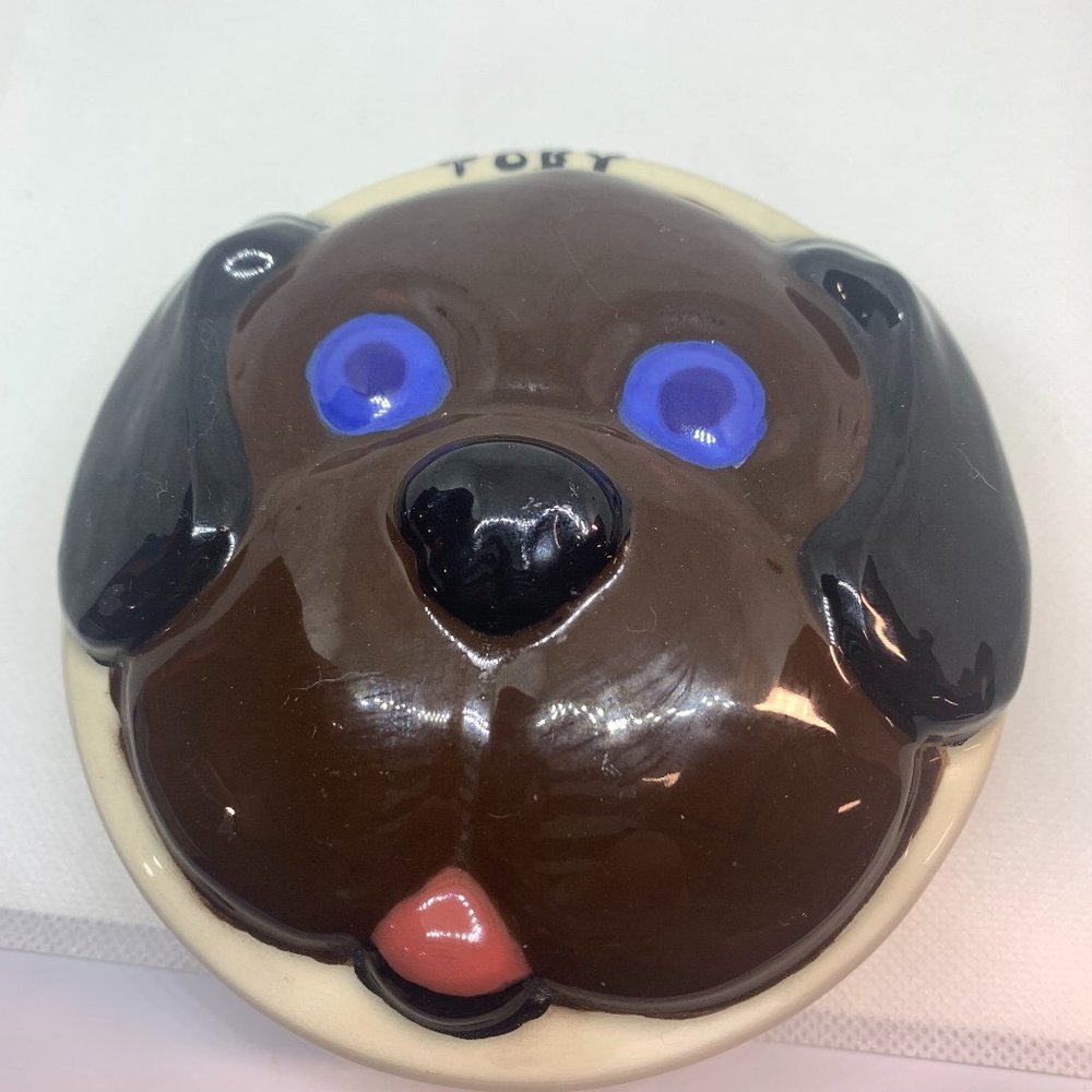 Hand Made Brown Dog Face with Blue Eyes Ceramic Trinket Box